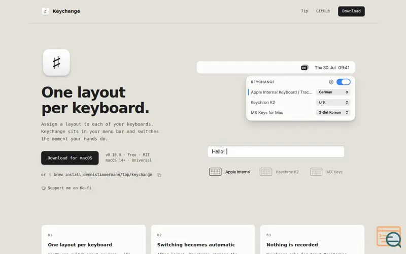 Screenshot of Keychange — one layout per keyboard