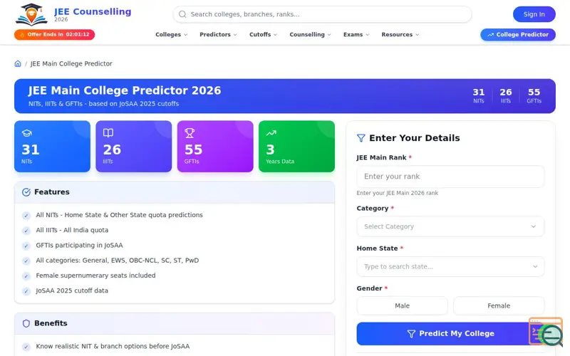 Screenshot of JEE Main College Predictor 2026
