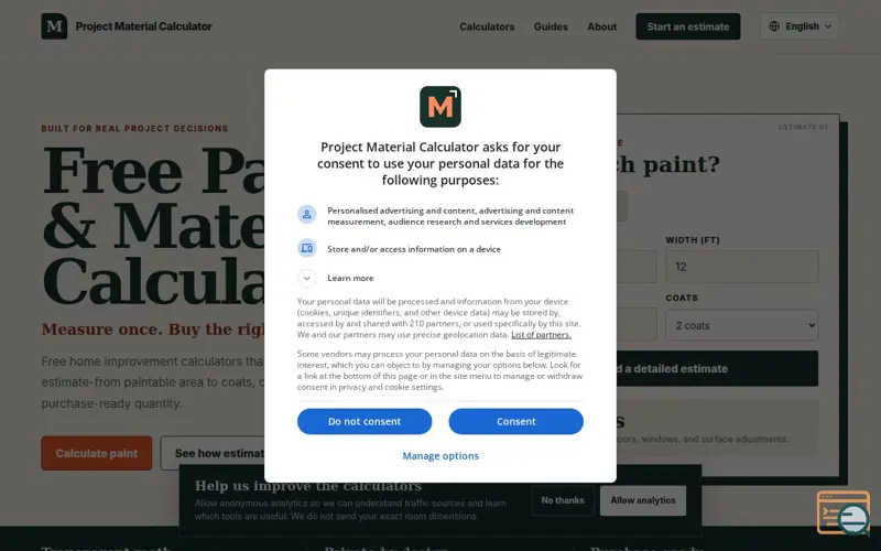 Screenshot of Project Material Calculator