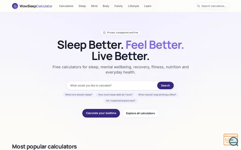 Screenshot of WOW Sleep Calculator