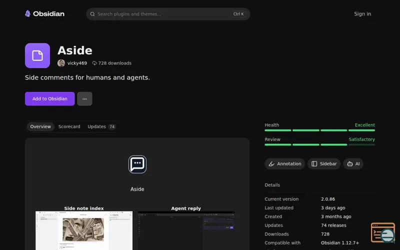 Screenshot of Obsidian Aside