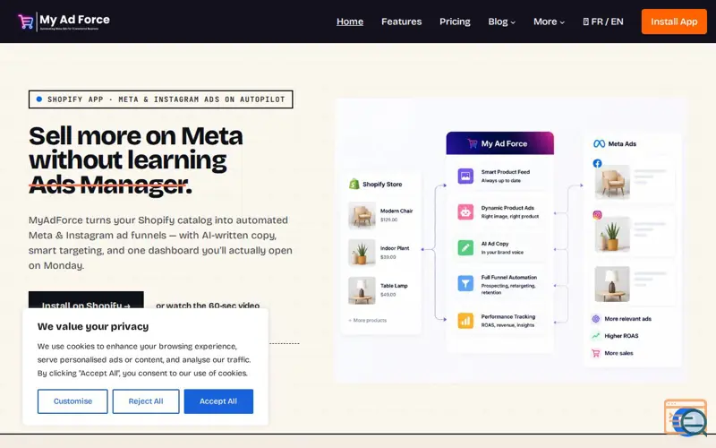 Screenshot of MyAdForce.com - for Meta/Instagram
