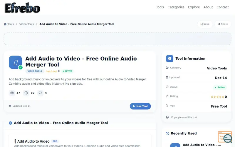 Screenshot of Add Audio to Video – Free Online Tool, a launch using Kadence