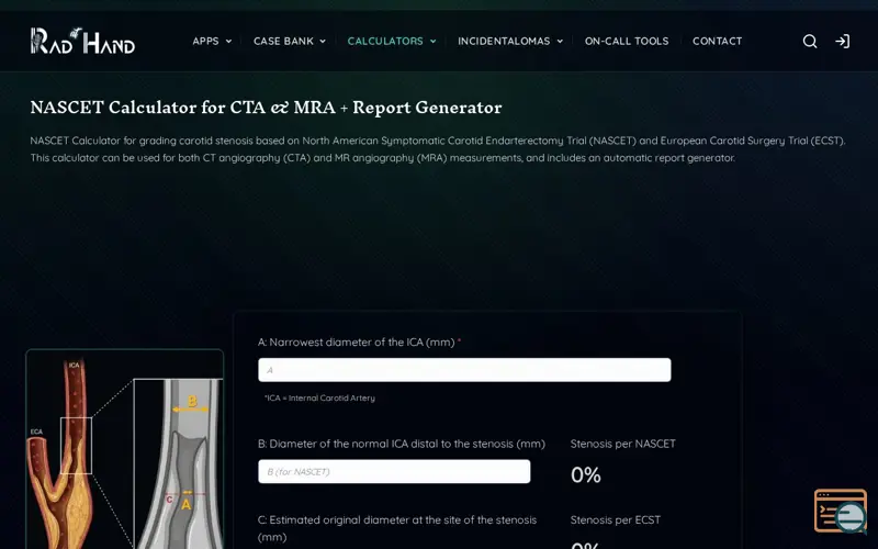 Screenshot of NASCET Calculator for CTA & MRA, a launch using Paid Memberships Pro
