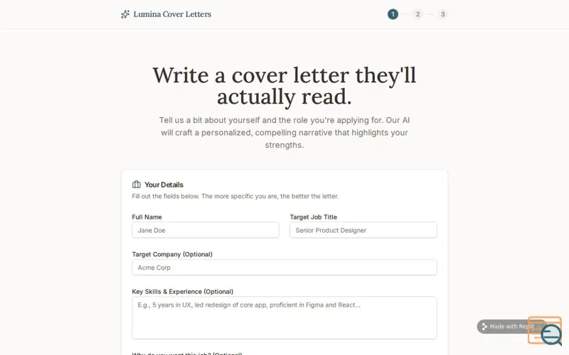 Screenshot of Lumina Cover Letters