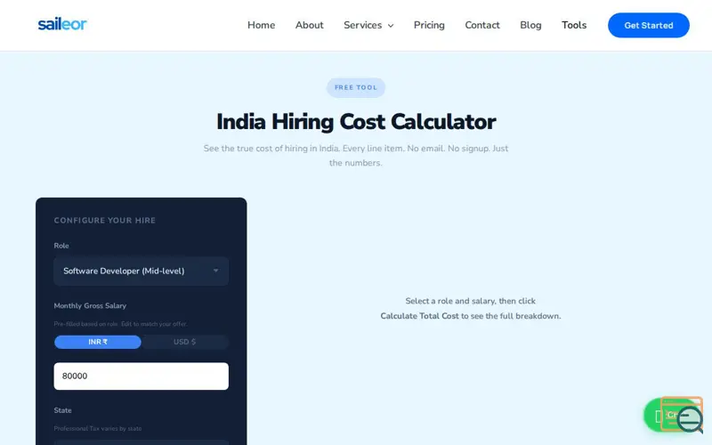 Screenshot of India Hiring Cost Calculator
