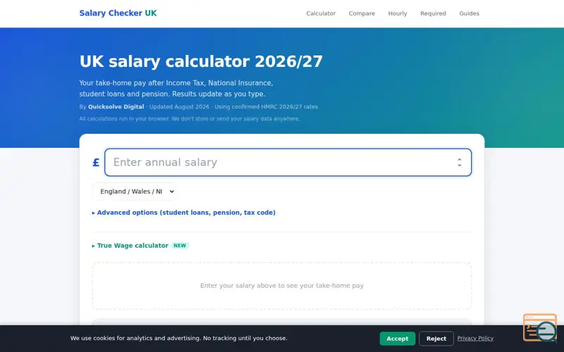 Screenshot of UK Salary Calculator 2026/27 - Take Home Pay After Tax | Salary Checker UK