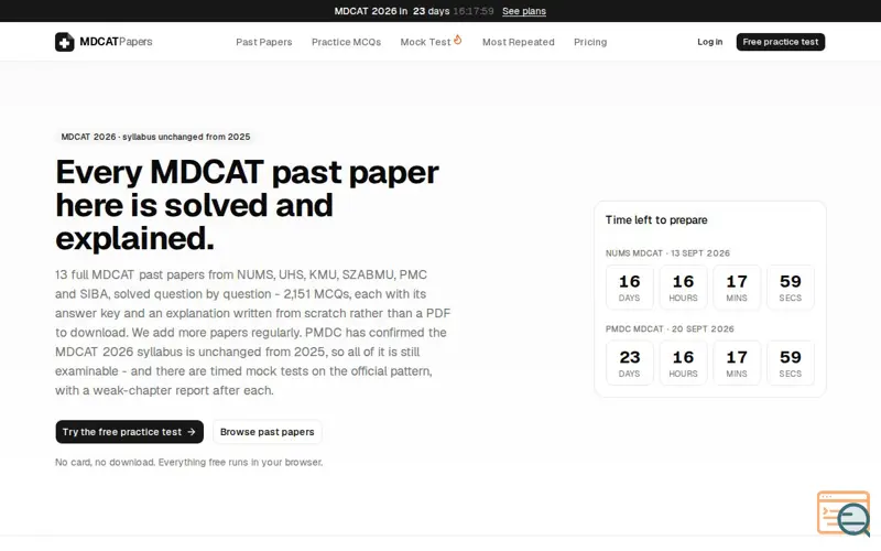 Screenshot of MDCAT Past Papers & MCQs, Solved Online | MDCAT Papers