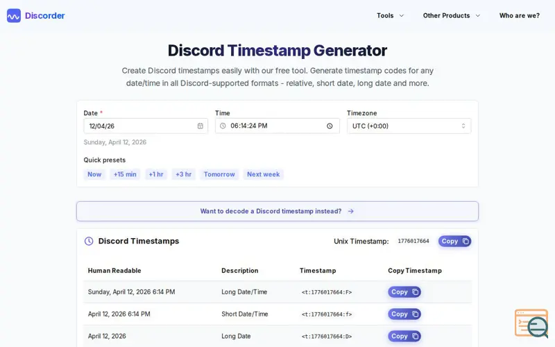 Screenshot of Discord Timestamp Generator