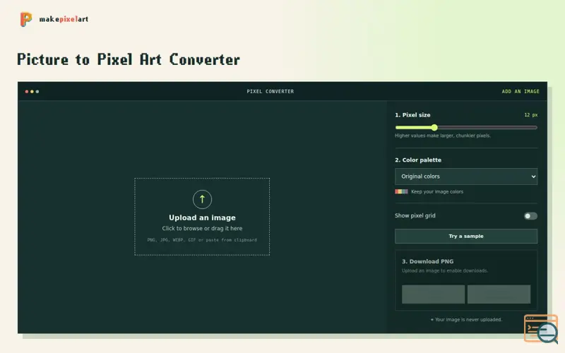 Screenshot of Picture to Pixel Art Converter — Free Online Tool | Make Pixel Art, a launch using AIDeckly
