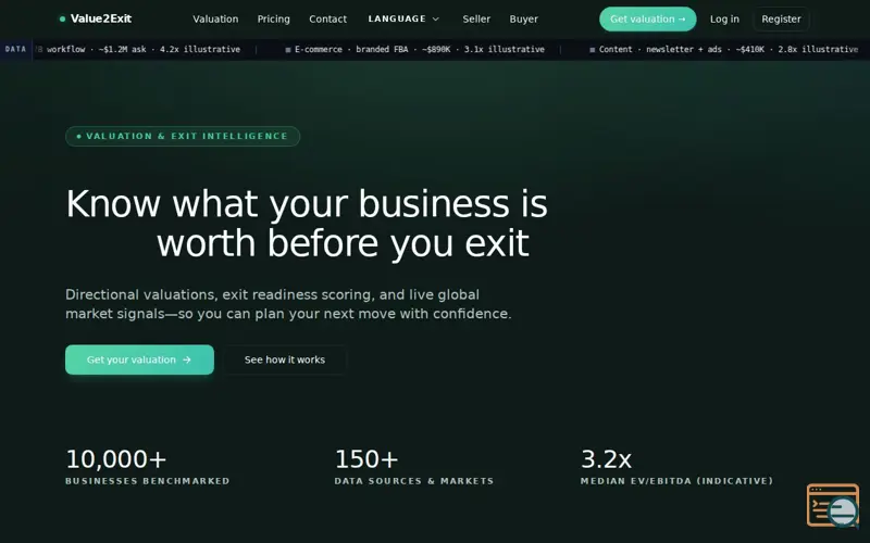 Screenshot of Value2Exit — Valuation & Exit Readiness
