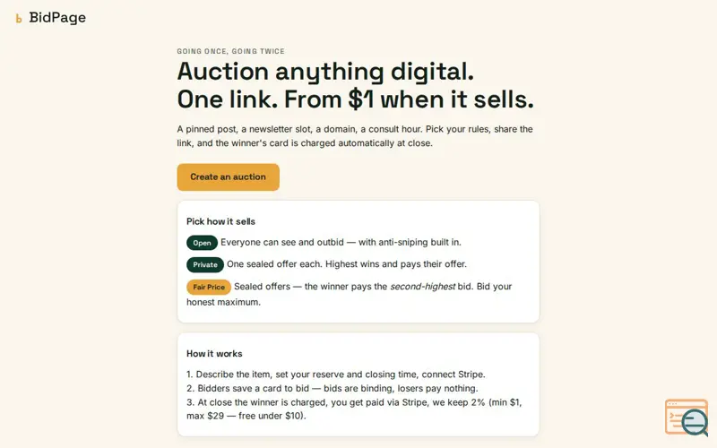 Screenshot of BidPage — auction anything digital with one link