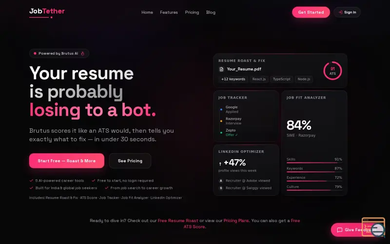 Screenshot of JobTether