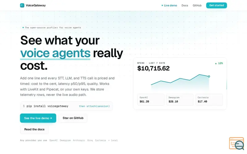 Screenshot of VoiceGateway: cost + latency observability for LiveKit voice agents