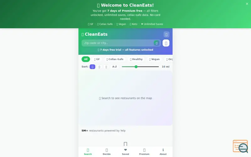 Screenshot of Clean Eats, a launch using Yelp