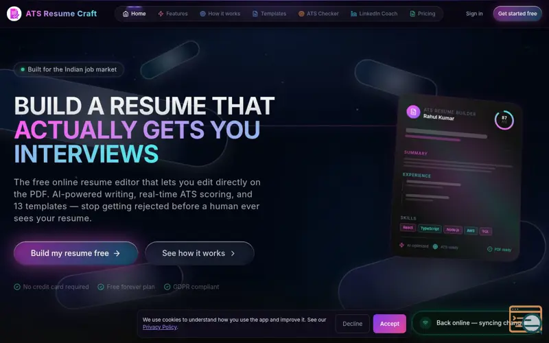 Screenshot of ATS Resume Craft — Build ATS-Ready Resumes with AI