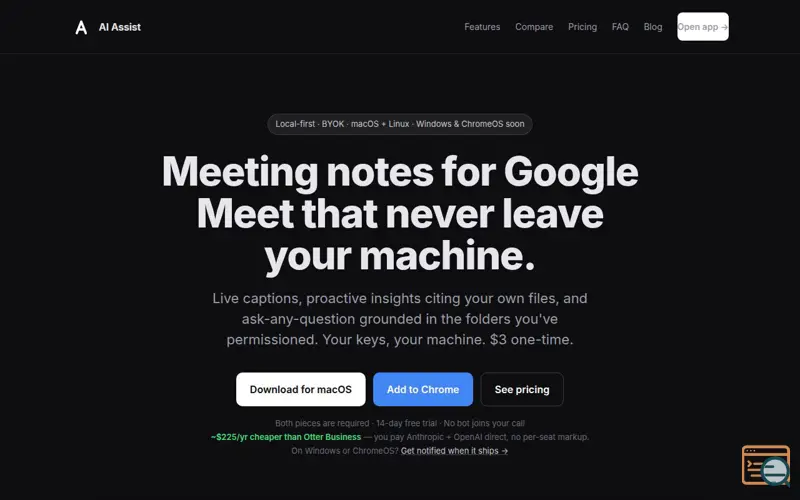 Screenshot of Meeting notes for Google Meet that never leave your machine — AI Assist