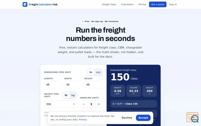 Screenshot of Freight Calculator Hub