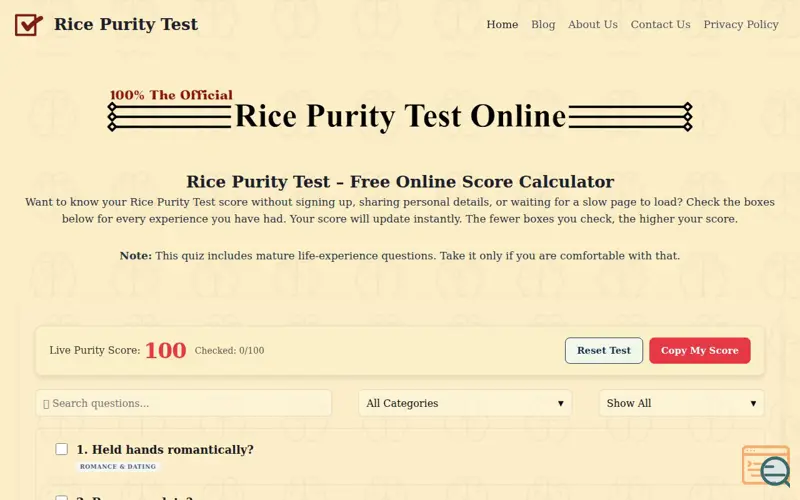 Screenshot of The Rice Purity Test online Calculator