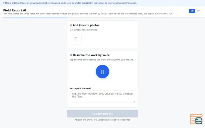 Screenshot of Field Report AI