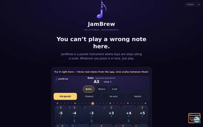 Screenshot of JamBrew — an instrument where you can't hit a wrong note