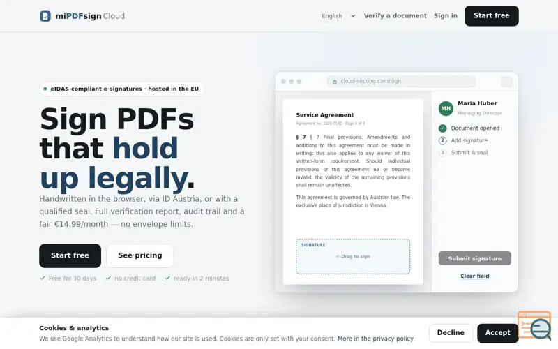 Screenshot of miPDFsign Cloud, a launch using World4You