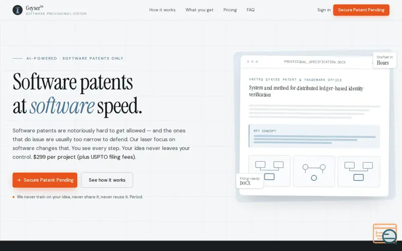 Screenshot of Geyser™ — Software Provisional Patents