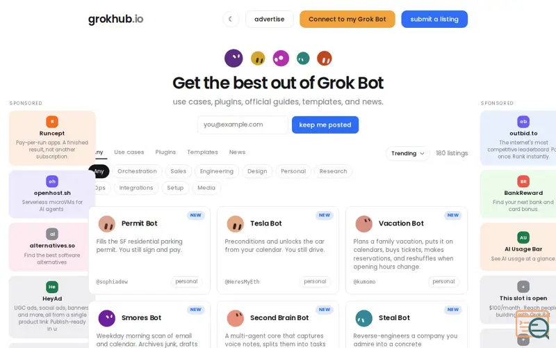 Screenshot of GrokHub.io — Grok Bot use cases, plugins, official guides, and templates, a launch using Adlesse