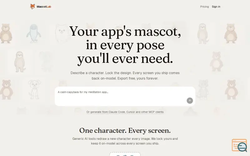 Screenshot of MascotLab: your app's mascot, on-model in every pose
