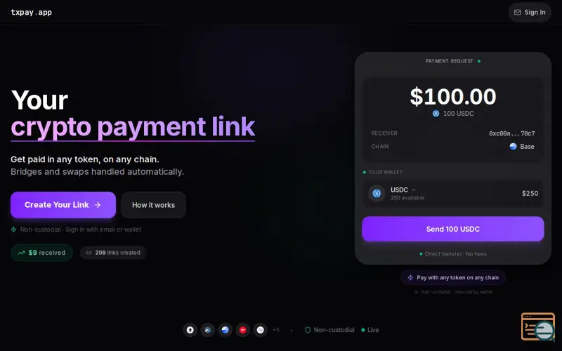 Screenshot of txpay.app, a launch using PublicNode