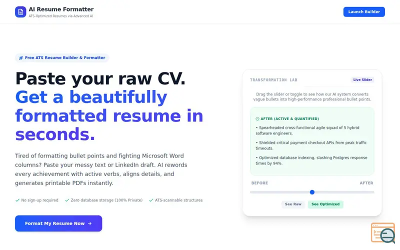 Screenshot of AI Resume Formatter
