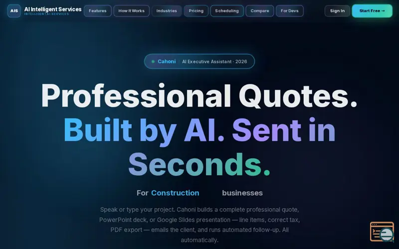 Screenshot of Cahoni Builds Quotes, Schedules by Voice, a launch using ElevenLabs
