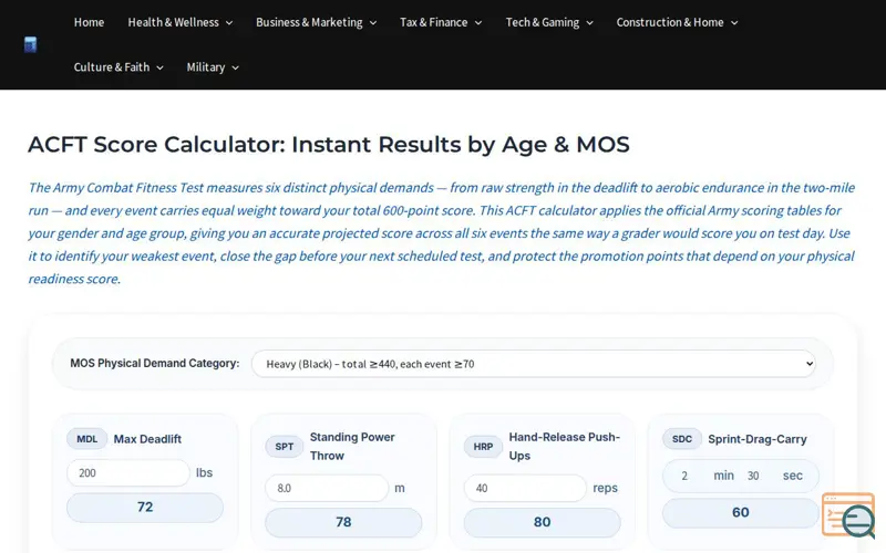 Screenshot of ACFT Calculator