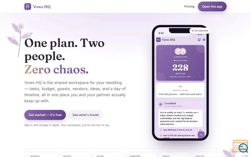 Screenshot of Vows HQ