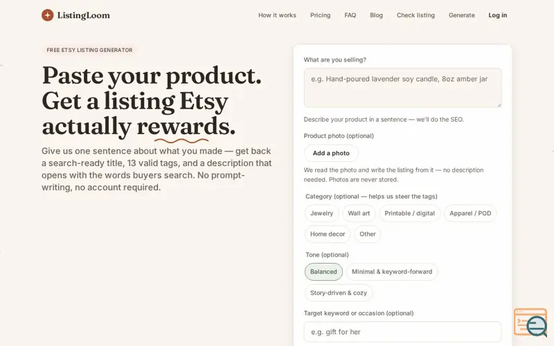 Screenshot of Free Etsy Listing Generator — Title, Tags & Description | ListingLoom