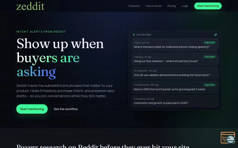 Screenshot of Zeddit—Reddit intent alerts for founders