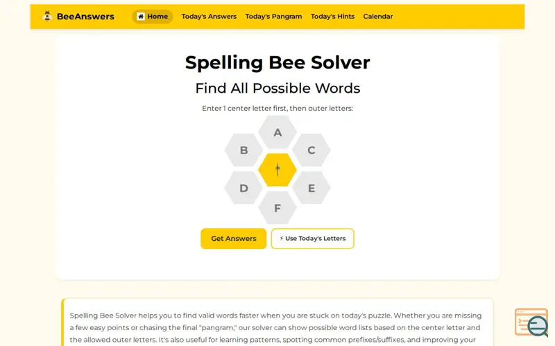Screenshot of Spelling Bee Answers