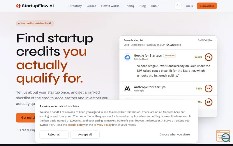 Screenshot of StartupFlow AI: Find the cloud and AI credits you actually qualify for