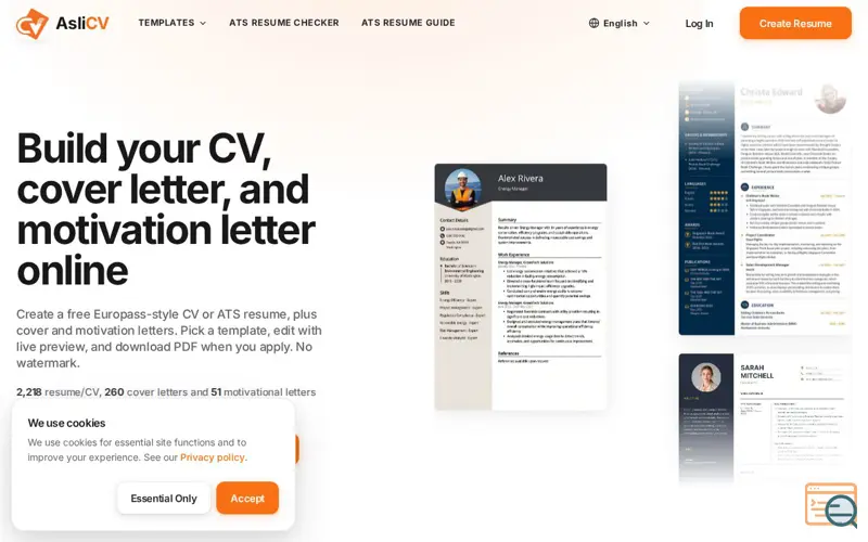 Screenshot of Free CV Builder | Resume, Cover Letter & Motivation Letter | AsliCV, a launch using Serwist