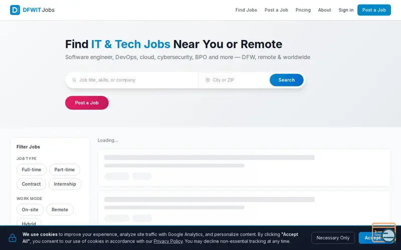 Screenshot of DFWITJobs, a launch using Bluehost DNS