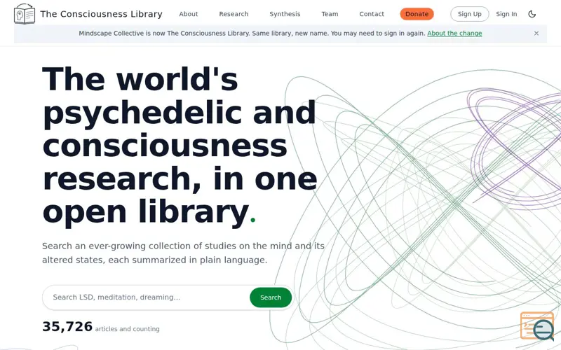 Screenshot of The Consciousness Library: psychedelic & dream research