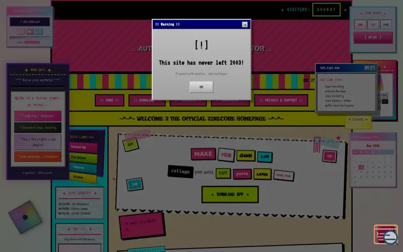Screenshot of ZINECORE, a launch using Neocities