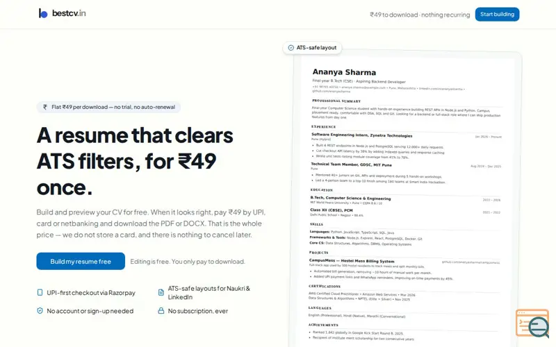 Screenshot of BestCV.in