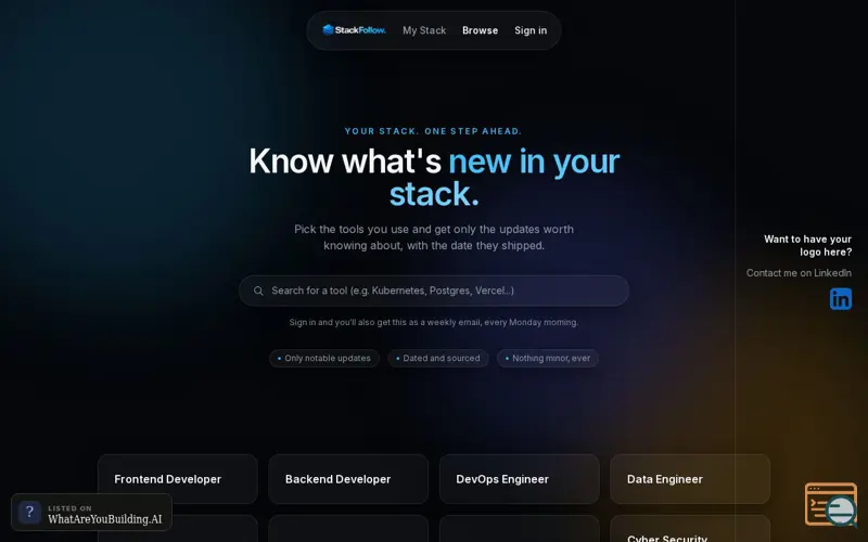Screenshot of StackFollow, a launch using WhatAreYouBuilding.AI
