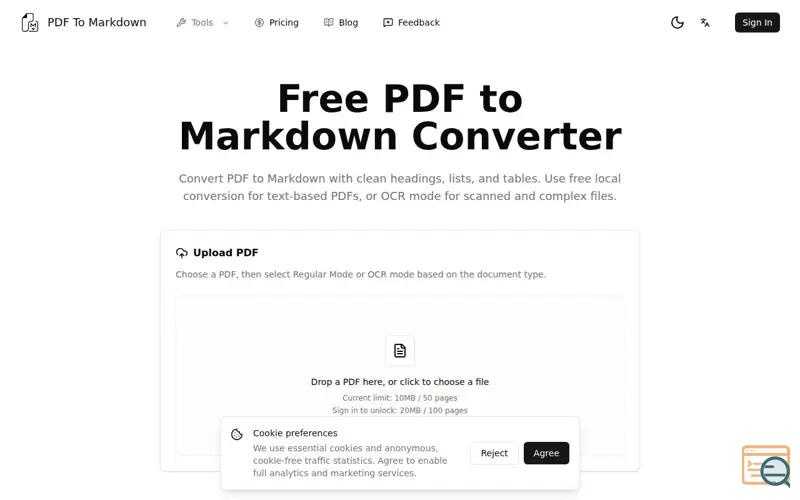 Screenshot of Free PDF to Markdown Converter Online | pdf-to-markdown.app