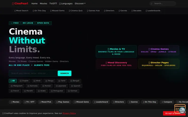 Screenshot of CinePearl — Free Movie Editorials, Mood Search & Games