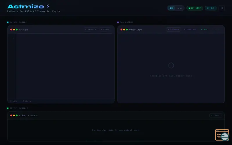 Screenshot of Astmize  — Python → C++ Transpiler