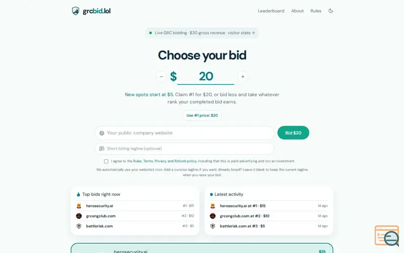 Screenshot of GRC Bid