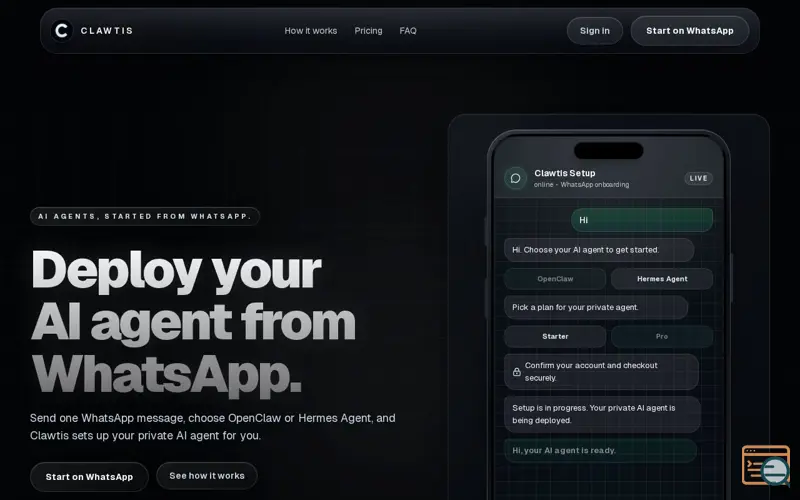 Screenshot of Clawtis - private AI agent from WhatsApp