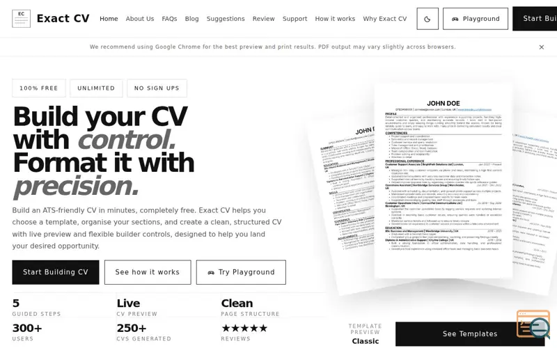 Screenshot of Exact CV